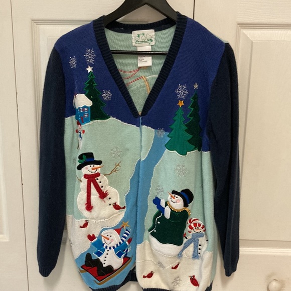 Vintage The Quacker Factory Christmas Sweater Cardigan Snowman Sz:L - Picture 1 of 9